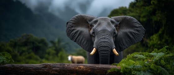 Canvas Print -  An elephant, bearing tusks, stands before a tree trunk Other animals reside in the backdrop