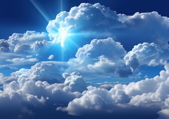 Fluffy clouds are illuminated by sunlight in a vibrant blue sky, creating a serene atmosphere