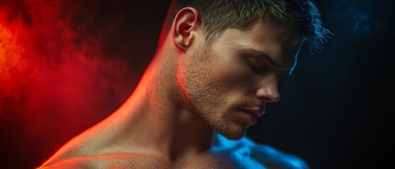 Poster -  A man with closed eyes stands before a red and blue backdrop, emitting smoke from his torso