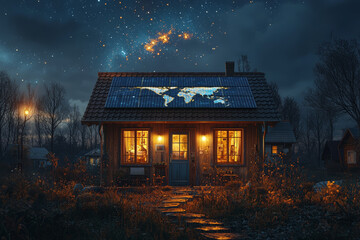 Poster - a small solar-powered house in a quiet neighborhood, with a large world map projected on the night s