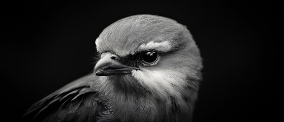 Poster -  A black-and-white image of a bird with a vast, feathered head and large, expressionive black eyes