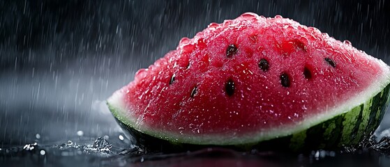 Poster -  A watermelon slice atop a black surface, surrounded by a puddle and dripping with water