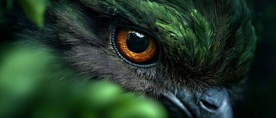 Canvas Print -  A tight shot of a bird's eyas  surrounded by green foliage in the foreground, with an orange adult bird's eye peeking from behind in