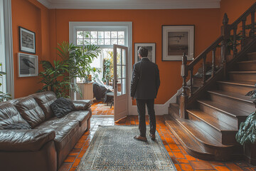 Poster - A real estate agent giving a tour of a house where each room gets progressively smaller, as the clients look more and more confused.