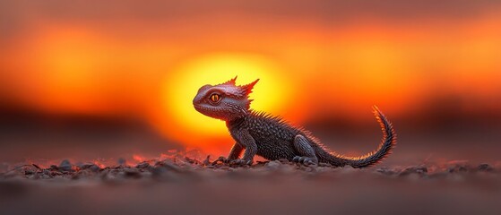 Canvas Print -  A small lizard on a ground before an intense orange-yellow backdrop, sun behind