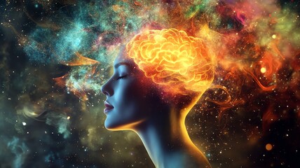 A digital illustration of a woman's head with the brain on fire surrounded by visual diplay of dopamine/ endorphin hormone