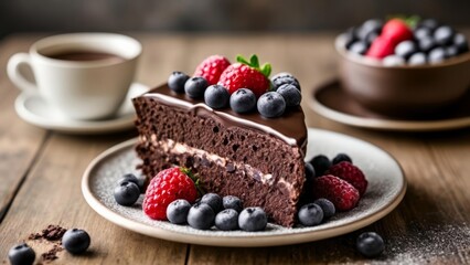 Poster -  Delicious indulgence  A slice of chocolate cake with fresh berries perfect for a sweet escape