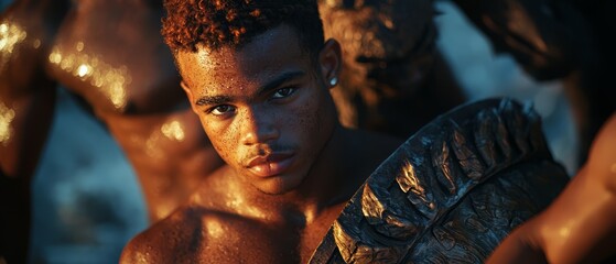 Wall Mural -  A tight shot of a shirtless man standing before a statue, embracing the other man's shoulder with one arm