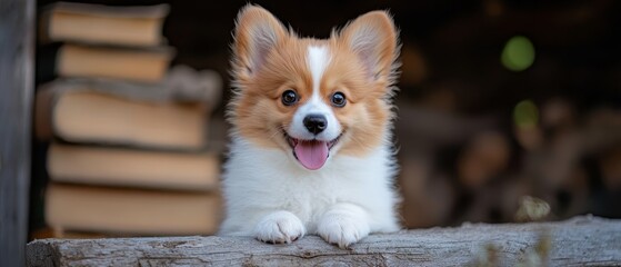 Canvas Print -  A small brown-and-white dog sits atop a wooden fence, near a stack of wood planks