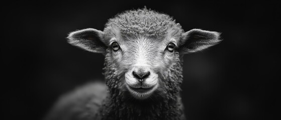 Poster -  A monochrome image of a sheep gazing into the camera with a mournful expression