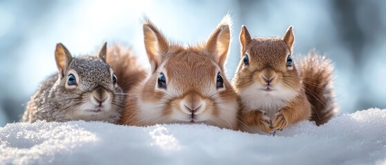 Sticker -  Three rabbits seated together on a snow-covered ground surrounded by trees