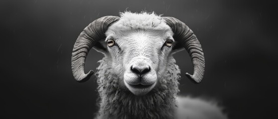 long horns contrast against a black backdrop, a white spot marking the goat's distinctive eye