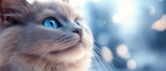 Wall Mural -  A cat's face in focus with captivating blue eyes against a softly blurred backdrop of falling snowflakes