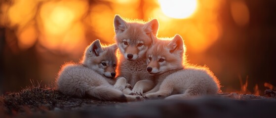 Poster -  Three baby foxes sit together on a grassy knoll as the sun sets behind them