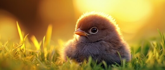 Wall Mural -  A tight shot of a little bird amidst a lush grass field, sun illuminating the blades behind it