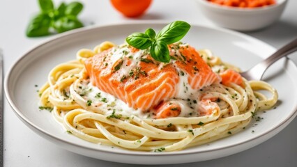 Canvas Print -  Deliciously healthy meal  Salmon and pasta with a twist of fresh herbs