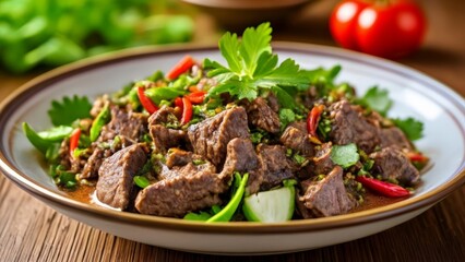 Wall Mural -  Delicious beef stirfry with fresh herbs and vegetables