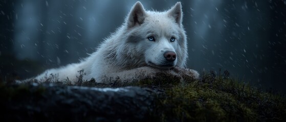 Poster -  A white wolf, its blue eyes gleaming, lies atop a mossy hill amidst the darkness; rain falls relentlessly upon it