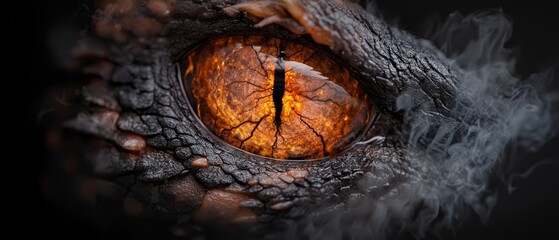 Wall Mural -  A tight shot of a dragon's fiery eye, emitting dense smoke from its iris