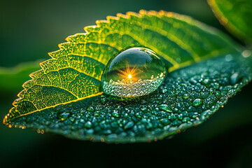 Aufkleber - Macro shot of a dewdrop on a leaf reflecting the surrounding landscape,