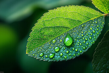 Aufkleber - Macro shot of a dewdrop on a leaf reflecting the surrounding landscape,