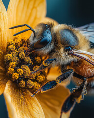 Poster - A detailed macro photograph of a honeybee collecting pollen from a flower,
