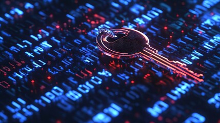 A digital key hovering above binary code, symbolizing data security and cyber access.