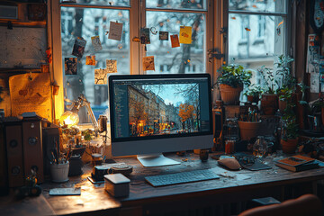 Wall Mural - A lifestyle blogger taking photos of their perfectly styled desk, only to have everything fall apart as soon as they click the camera.