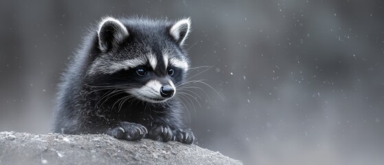 Canvas Print -  A raccoon atop a rock, gazing sadly at something below