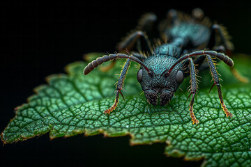 Poster - Detailed macro shot of an ant carrying a leaf,