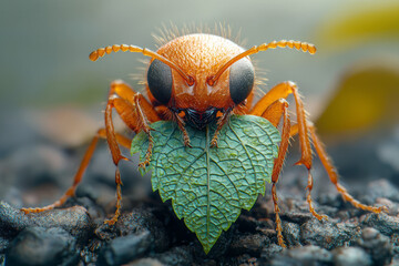 Aufkleber - Detailed macro shot of an ant carrying a leaf,