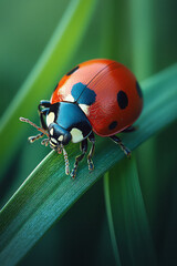 Aufkleber - Macro view of a ladybug crawling on a blade of grass,