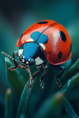 Aufkleber - Macro view of a ladybug crawling on a blade of grass,