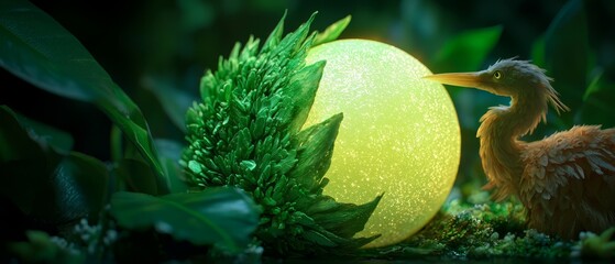 Canvas Print -  A tight shot of an egg on a bed of verdant leaves, accompanied by a bird nestled nearby