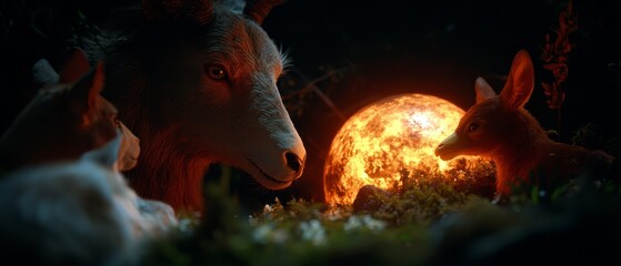 Poster -  A couple of animals stand beside one another in a dark room, facing a radiant orb of light