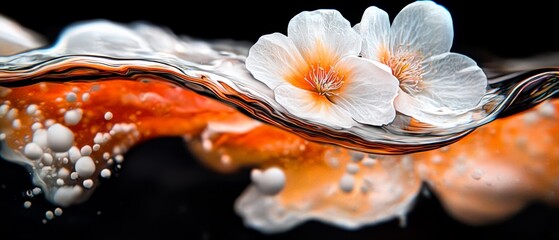  A tight shot of a white bloom atop a koi fish in its bubbly waters