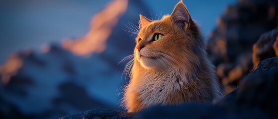 Wall Mural -  A tight shot of a feline on rough terrain, with a towering mountain serving as backdrop Prominently featured, a green-eyed cat in the foreground