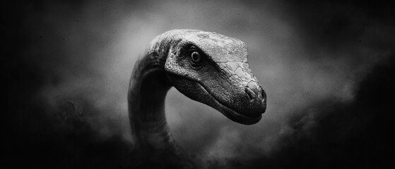 Canvas Print -  A monochrome image of a dinosaur head against clouded skies in the background Another, a standalone black-and-white dinosaur head in the foreground