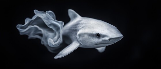 Poster -  A monochrome image of a fish against a black background, featuring a long tail