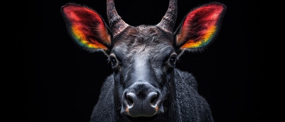 Wall Mural -  A tight shot of a black animal wearing earrings in red, yellow, and green