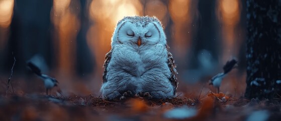 Poster -  An owl sits in the midst of a forest with its eyes closed