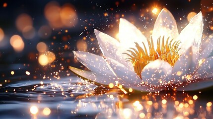   White water lily with gold petals floating on water