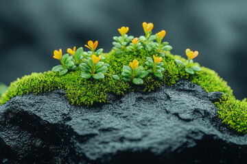 Aufkleber - Close-up of a mossy rock with tiny plants and textures magnified in macro,