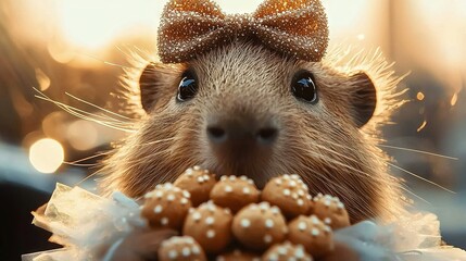 Wall Mural -   A close-up of a rodent wearing a bow on its head, holding nuts in front of it