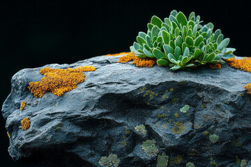 Poster - Close-up of a mossy rock with tiny plants and textures magnified in macro,