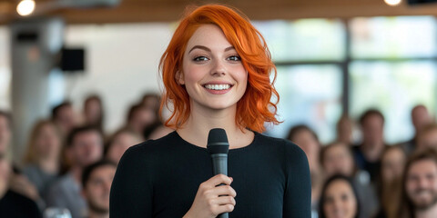 A smiling female speaker with red hair is giving a speech at a business conference. 