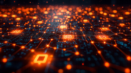 Poster - A network map with glowing security icons, showing how data moves securely through