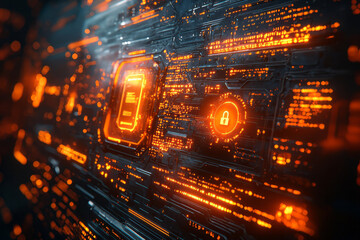 Aufkleber - A futuristic screen with glowing locks and encryption lines,