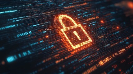 Digital padlock icon on a computer screen, surrounded by moving binary code, symbolizing cybersecurity and data protection.