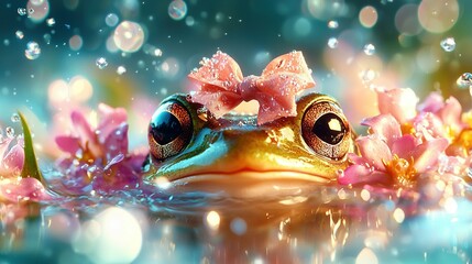   Close-up of a frog's face with a bow on its head and flowers in the background